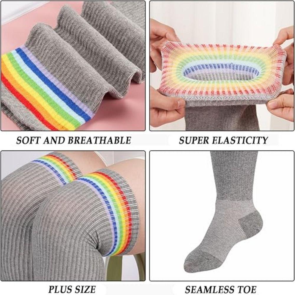 Knitted Thigh High Socks Plus Size Leg Warmer Rainbow Striped Tube Socks Thick Thighs