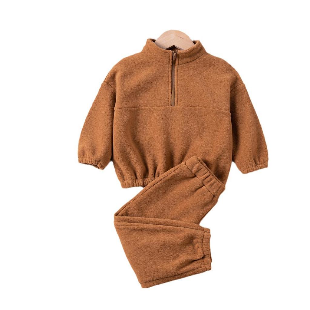Fleecová mikinová souprava v korejském stylu pro děti - Teplá dvoudílná souprava na podzim/zimu s polovičním zipem pro chlapce a dívky ve věku 1-6 let