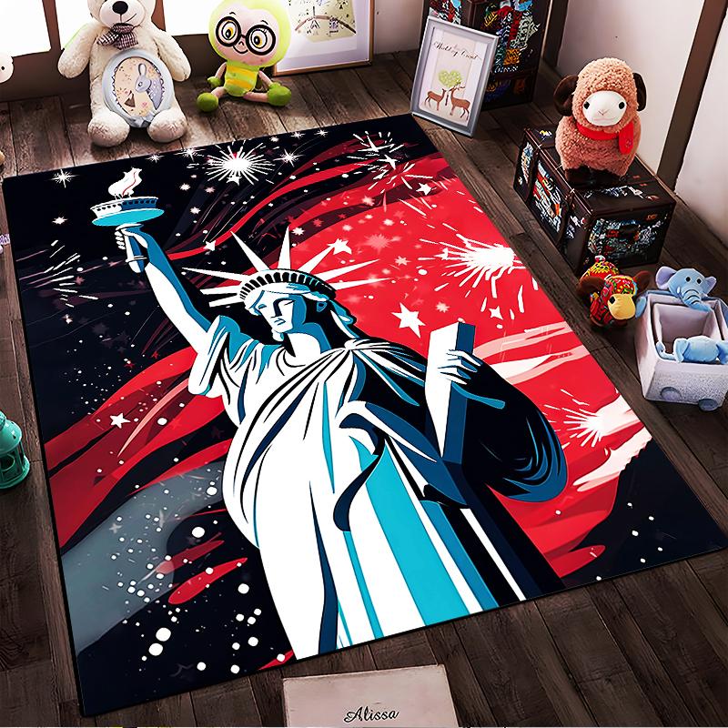 Statue of Liberty Themed Carpet with Fireworks and Red-Blue Design Suitable for Use As an Anti-slip for Living Room Bedroom Sofas