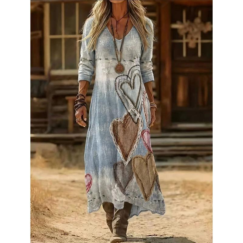 Creative Tie-dye Printing Women's New V-neck Long-sleeved Dress Medium and Long Dress