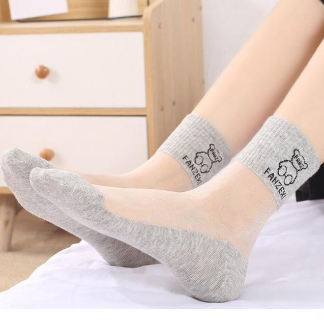 5/10 Pairs Summer Mesh Silk Socks Women Thin Casual Transparent Cute Bear Series Kawaii Mori Girl Ultrathin Glass Silk Sheer Socks