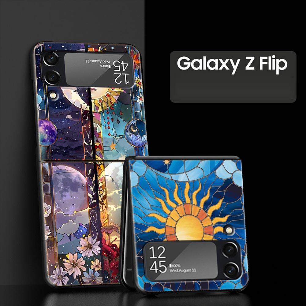 Beautiful Sun Moon Glass Hard PC Phone Case For Samsung Galaxy Z Flip 7 6 5 4 Black Cover For Galaxy Z Flip 3 Foldable Shell Bag