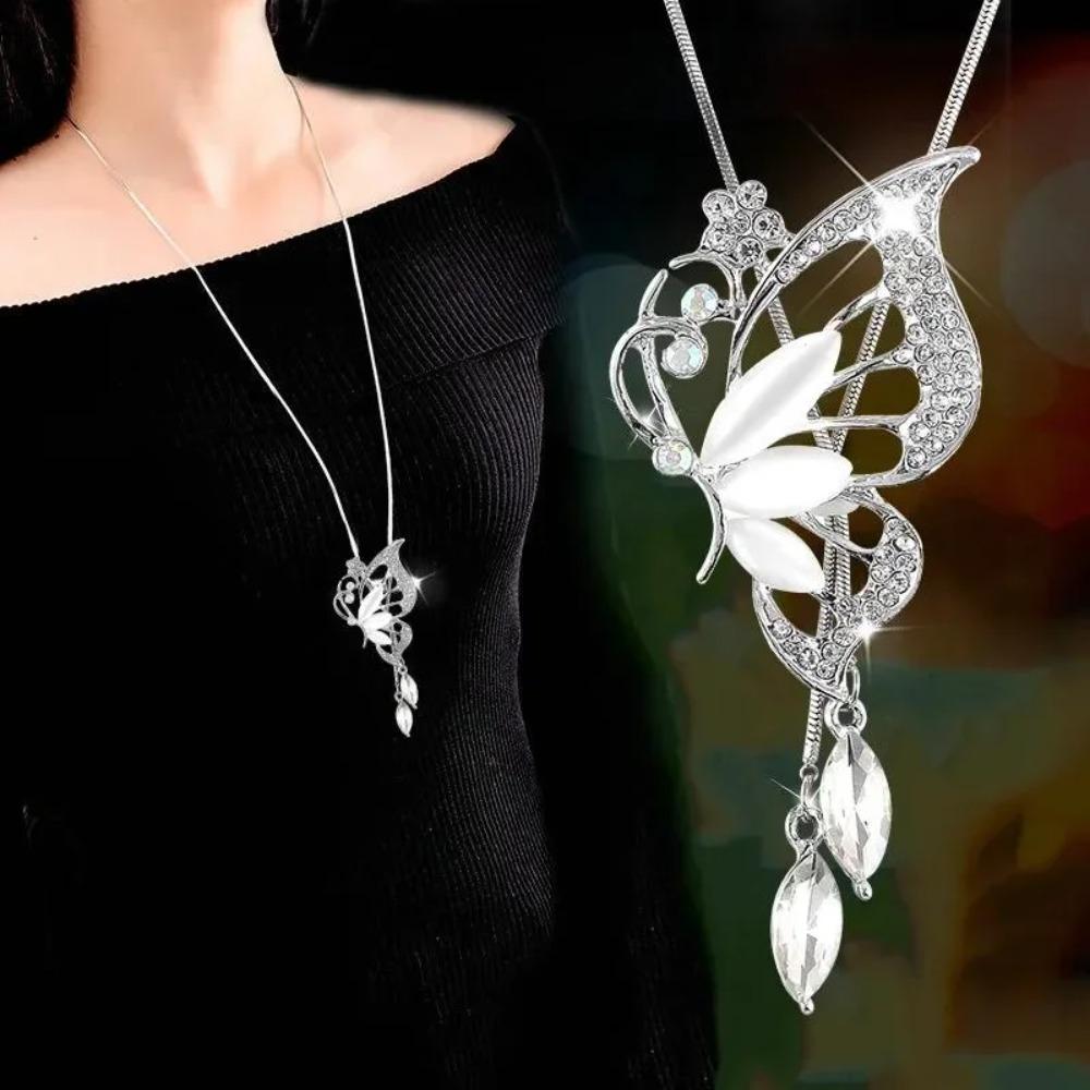 2024 New Fashion Opal Crystal Butterfly Wings Long Necklaces  Pendants For Women Simple Trendy Jewelry Sweater Chain