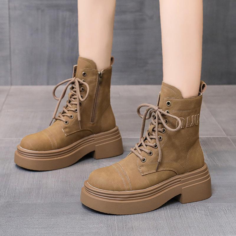 Inner Heightening Martin Boots Women's 2025 New Spring and Autumn British Style Thin Big Yellow Boots Lace-up Brown High-heeled Single Boots