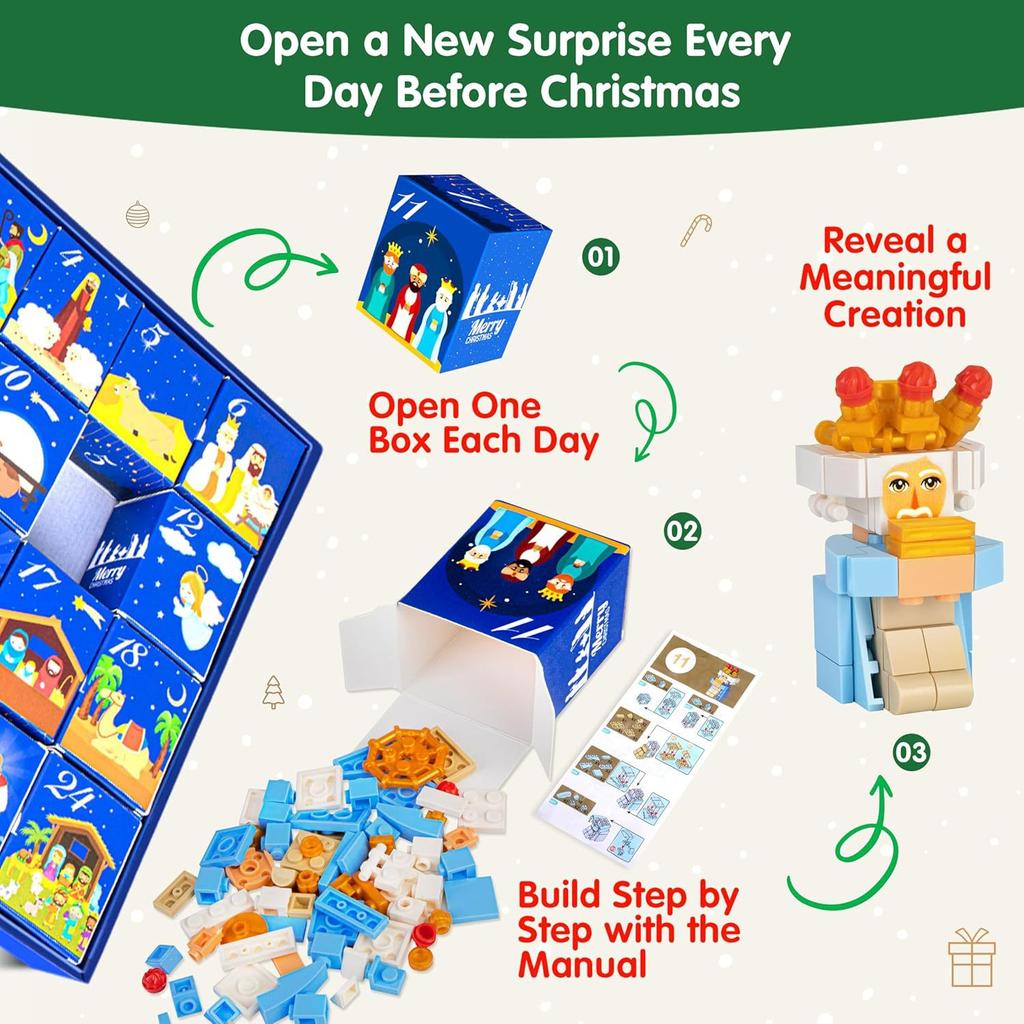 Nativity Advent Calendar 2026 Building Blocks 24-Days Fun Ornament for Boys Girls Festival Gift Christian Advent Countdown Calen