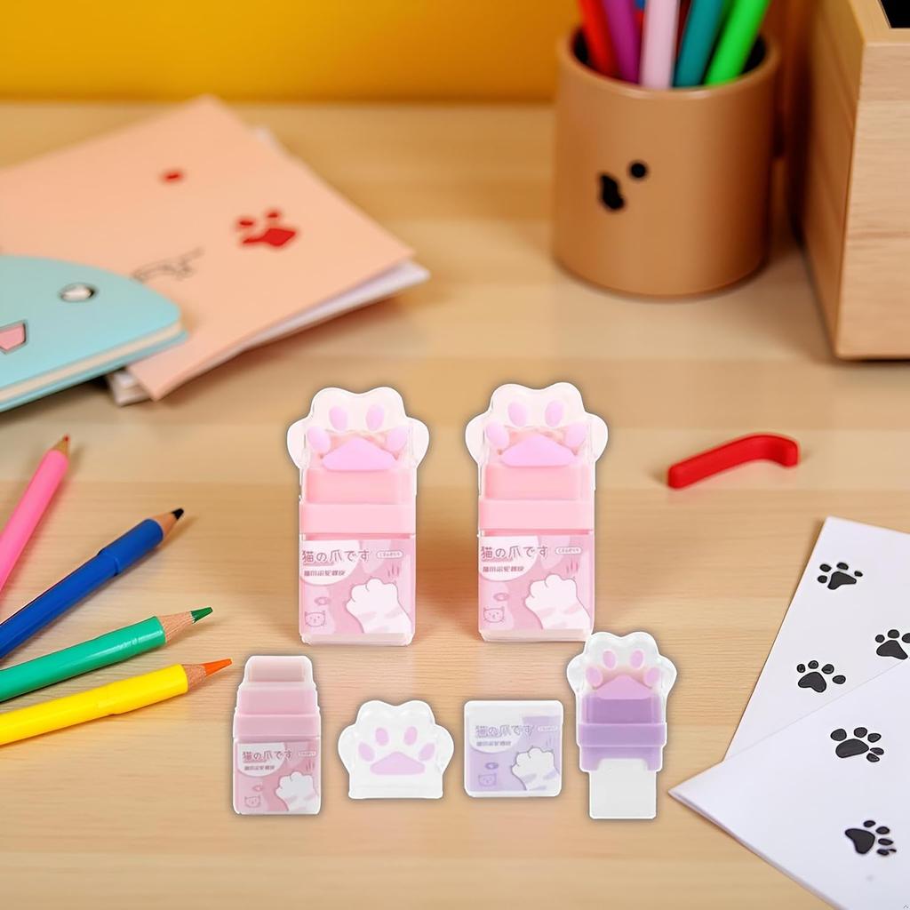 2Pcs Cat Paw Roller Eraser, Cute Cat Rubber, Multicolour Erasers for Kids, Colorful Roller Eraser, Kids with Shaving Roller Case for School Office