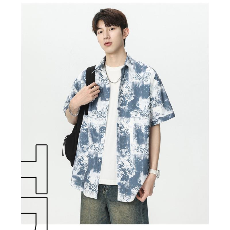 Men's Blue White Abstract Print Short Sleeve Shirt - Oversized Casual Streetwear Summer Button Up