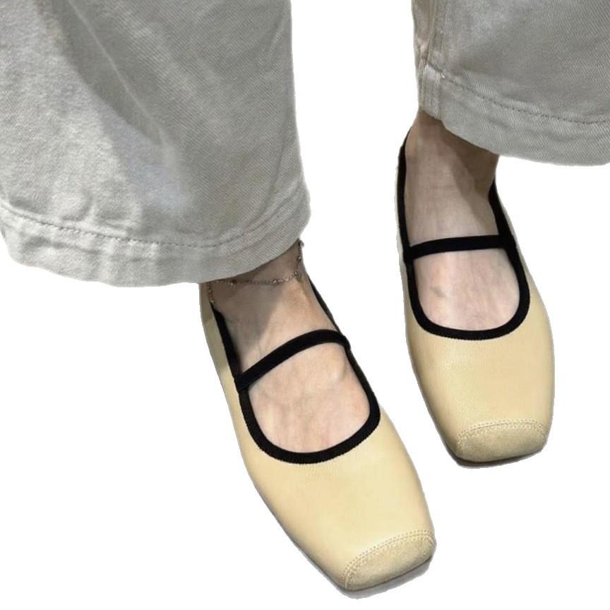 Sheepskin version~ Square head with autumn versatile casual simple design outer wear soft sole temperament ballet style shoes