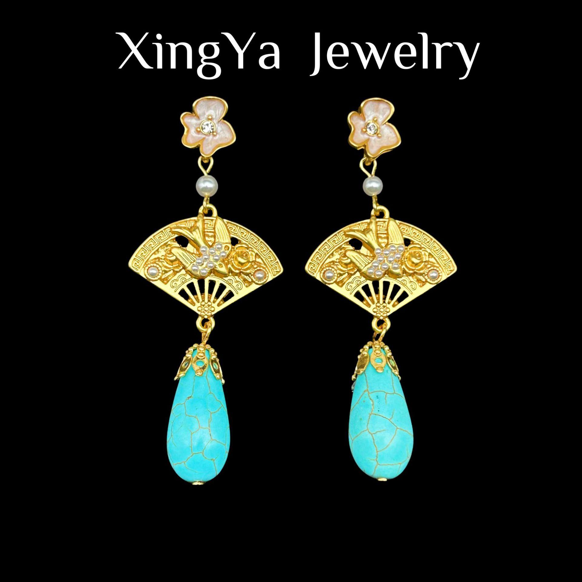 New Fashionable Chinese Fan Shaped Elegant Retro Women s Earnail With Water Drop Turquoise Design Stylish Earaccessory
