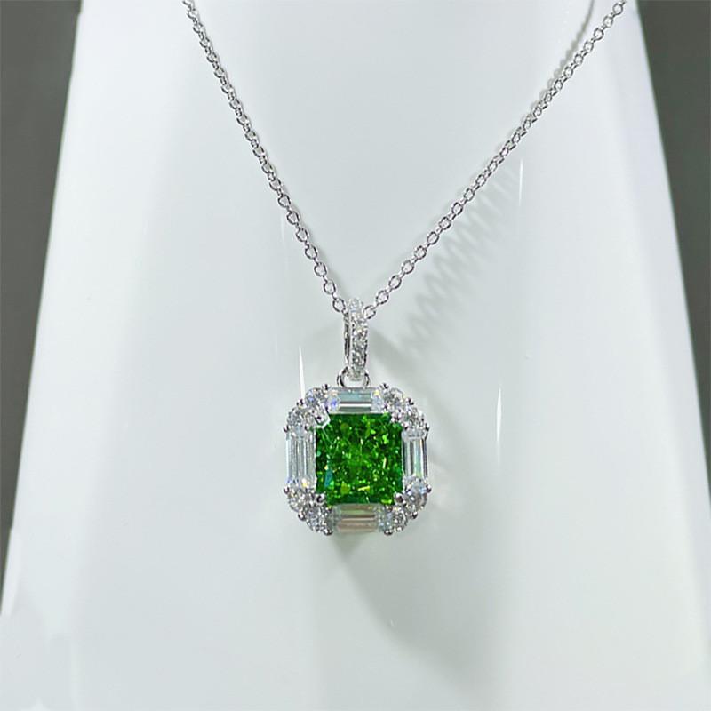 925 Sterling Silber Grüner Zirkonia Anhänger Halskette für Damen Anmutig Charmante Halsketten Accessoires Schicker Brautschmuck