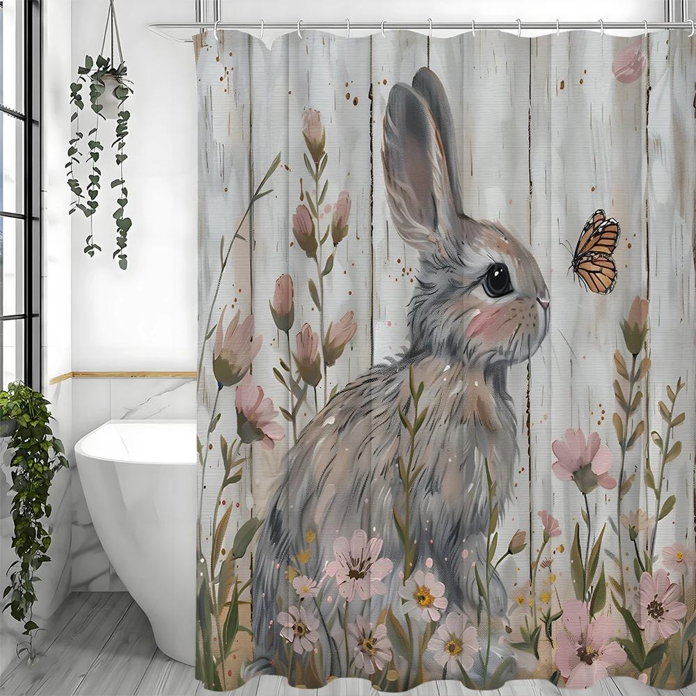 

Cute Bunny Shower Curtain, Spring Floral Bathroom Decorative Shower Curtain, Waterproof Shower Curtain With Hooks W60H190(CM)-1 Pcs