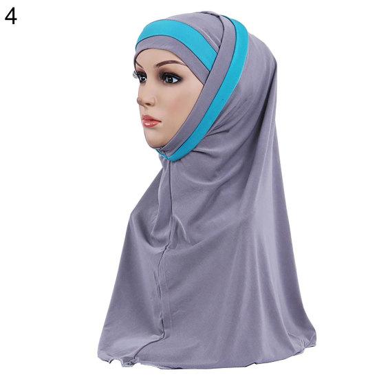 Women Color Block Muslim Soft Hijab Wrap Polyester Islamic Scarf Cap Headwear