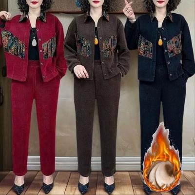 Modischer Denim-Jumpsuit Damen Winter Gefüttert Dick Lässig Kurzer Mantel und Haremshose Set