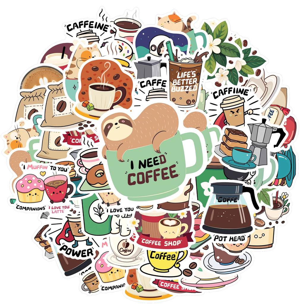 35pcs-50pcs Cartoon Beverages Stickers Cute Coffee  Stickers DIY Stickers For DIY Phone Laptop Scrapbook Bike Guitar