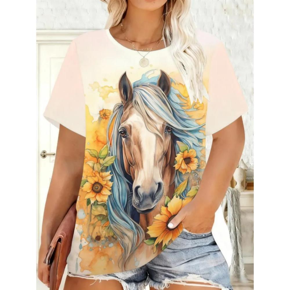 Summer Fashion Loose Oversized Breathable Soft Comfortable Horse 3D Printing Casual Women's Short Sleeve T-Shirt