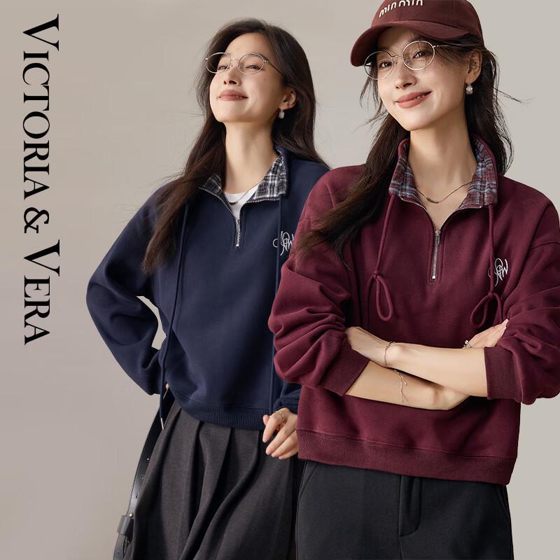 

VICTORIA&VERA Women s Fleece-Lined Plaid Collar Embroidered Sweatshirt XL