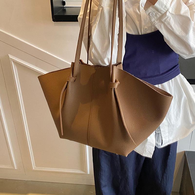  Elegant Women's Large Capacity Bucket Shoulder Bag Vintage PU Leather Solid Color Tote Bag for Daily Use