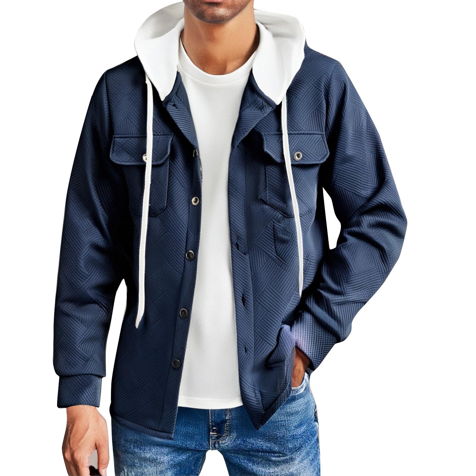 

Men s Solid Color Outdoor Workwear Casual Loose Long-Sleeved Hooded Jacket M Темно-синій