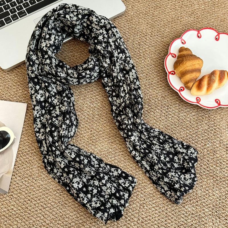 Scarf new versatile literary floral retro pleated cotton and linen scarf versatile women's silk scarf scarf shawl