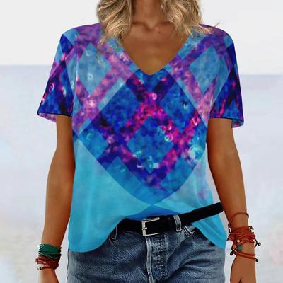 Sommer Neues V-Ausschnitt Schulter Geometrisches Licht- und Schattenmuster 3D-gedrucktes T-Shirt