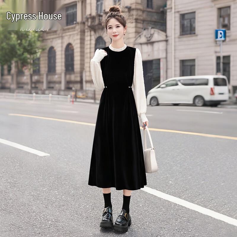 

Женское миди-платье осенней расцветки в стиле колор-блок, имитирующее костюм-двойку S