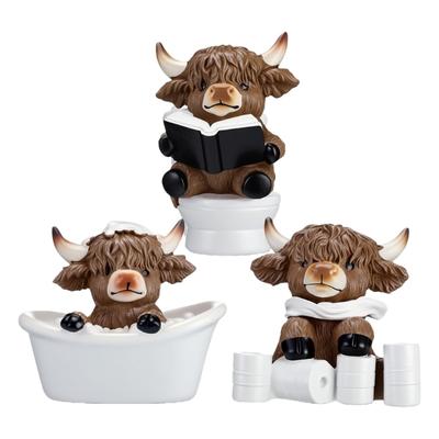 Pack de 3 Figuras de Vaca de Tierras Altas de Resina para Bañera y WC Adornos para Sala de Estar Oficina Baño Regalo para Amante de los Terneros
