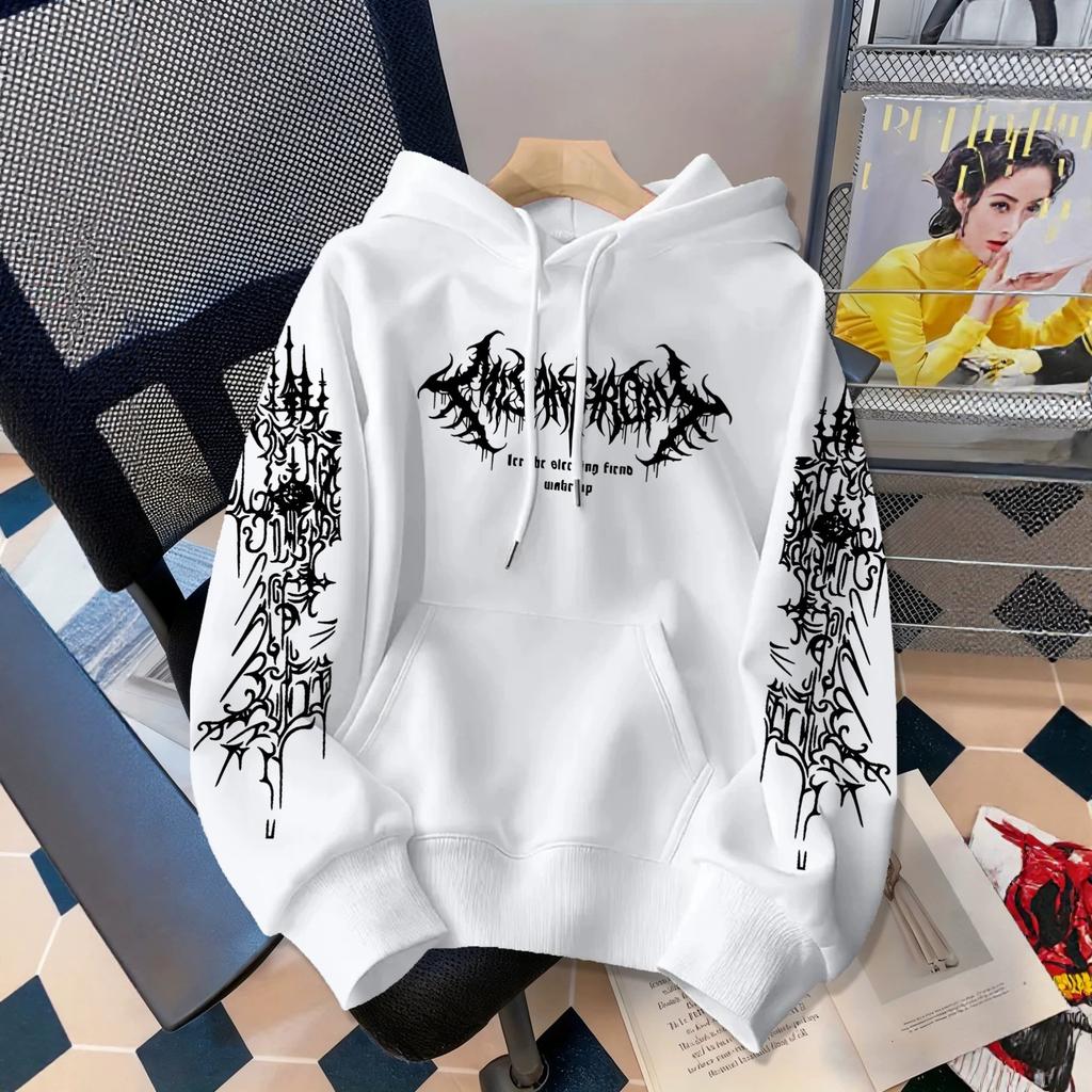 Dark Gothic letter print hooded sweater, the same street loose pullover for men and women