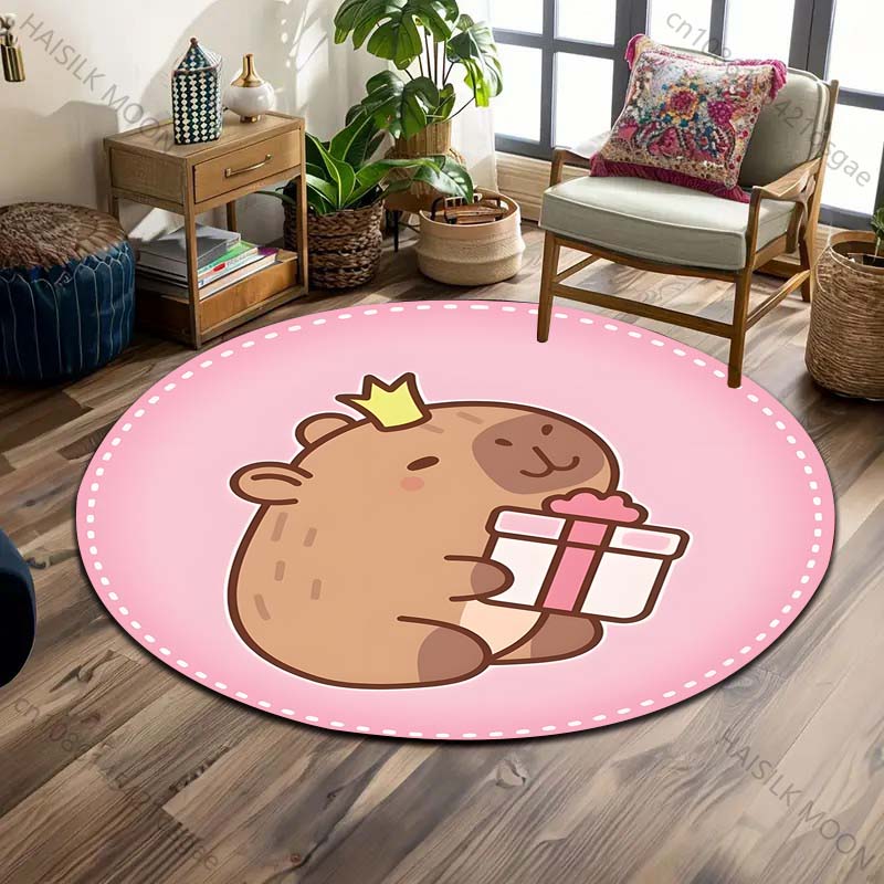 1PC Cute Capybaras Cartoon Print Round Carpet Floor Mat Suitable for Children's Bedroom Decor Living Room Round Rugs for Gifts