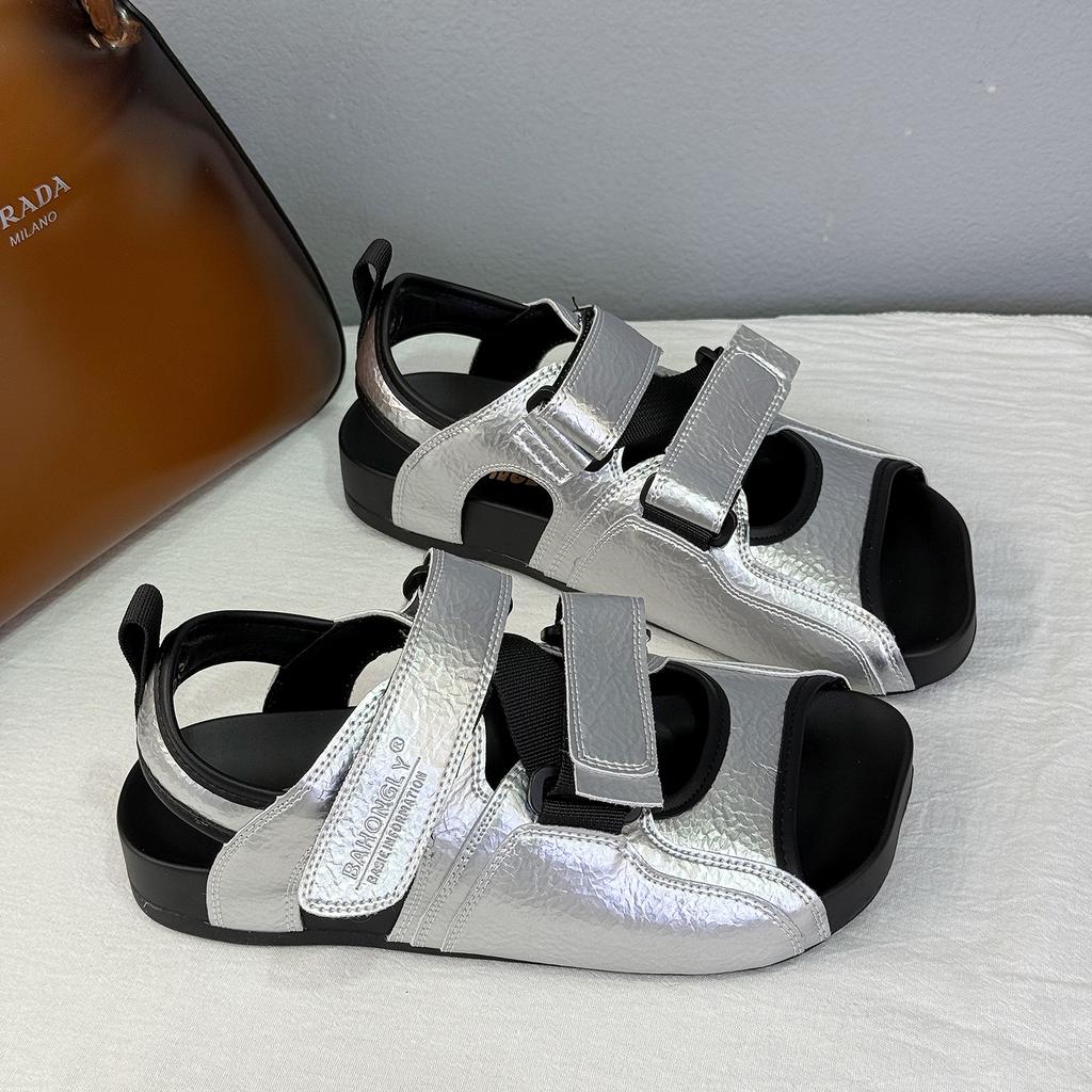 2025 popular niche crooked square head sandals women's white black versatile flat heel Velcro casual beach cool slippers