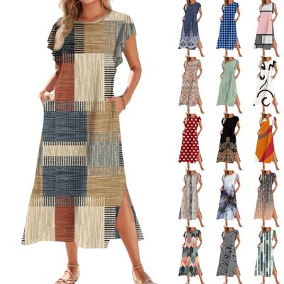 Ladies' Fashionable Summer Casual Pleated Sleeves, Loose Color Block Patchwork Printed Short-sleeved Round Tie Pocket Beach Dress