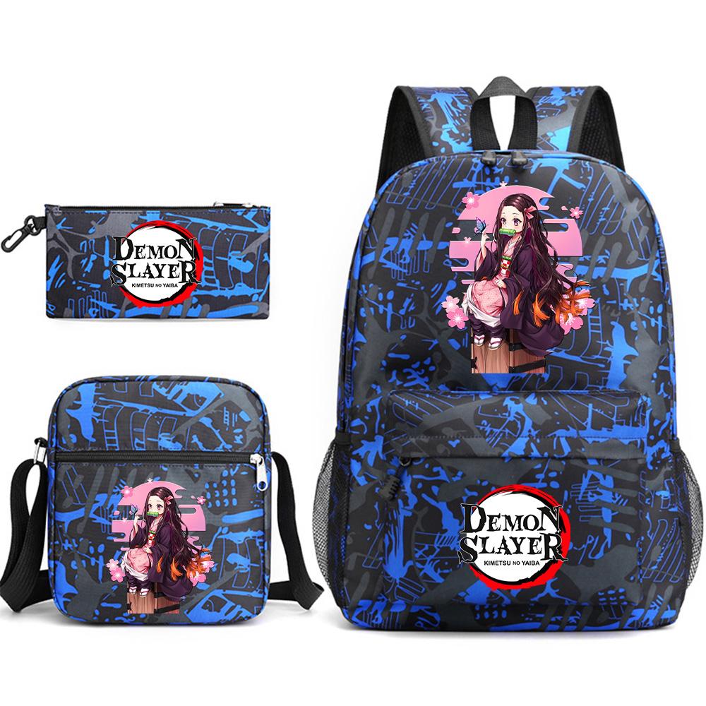 3Pcs/set Anime Printed Demon Slayer Backpack with Shoulder Bag Pencil Case for Teen Student Boy Girl Large Capacity Waterproof Bookbag Travel Bag