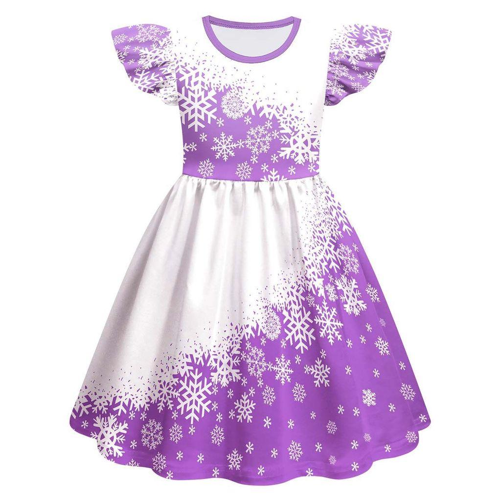 Kids Girls Cartoon Santa Claus Christmas Tree Snowflake Print Ruffle Sleevess New Year Dress