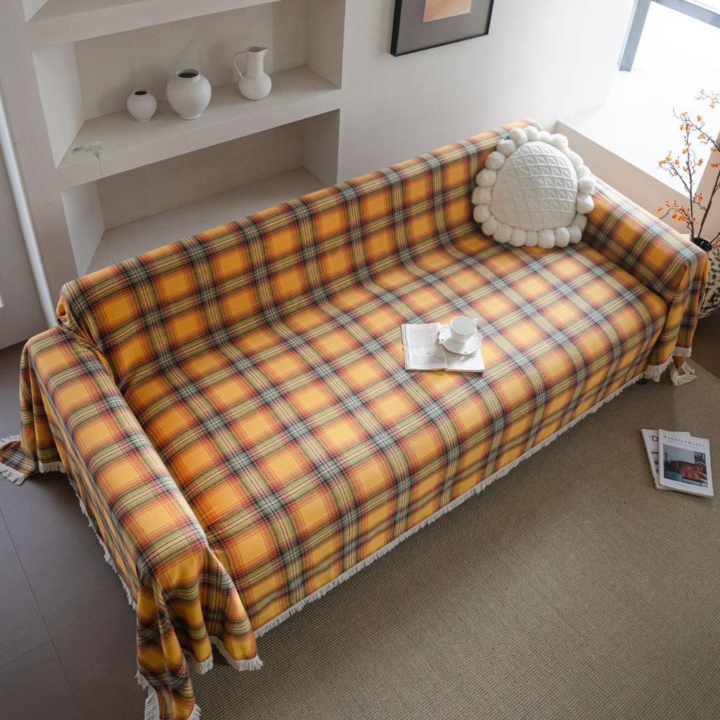 Yellow Plaid Cloth Multi-Purpose Sofa Towel Cover Cloth Bed Towel Bay Window Mat Table Chair Tablecloth
