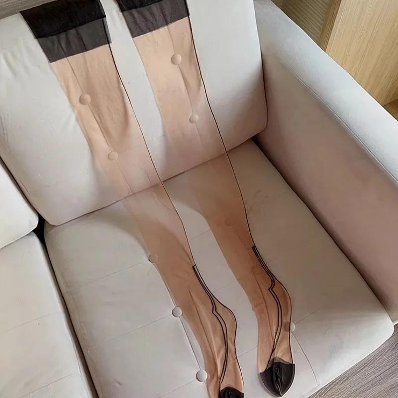 Ultra tenké průhledné 100% nylonové punčochy Kubánský podpatek Punčochy se švem vzadu Dámské Punčochy do půli stehen Pro podvazky