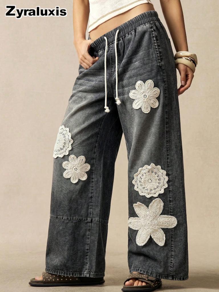 Jeans larghi casual bohémien da donna per l'autunno, Resort, floreali, vestibilità ampia, pantaloni lunghi