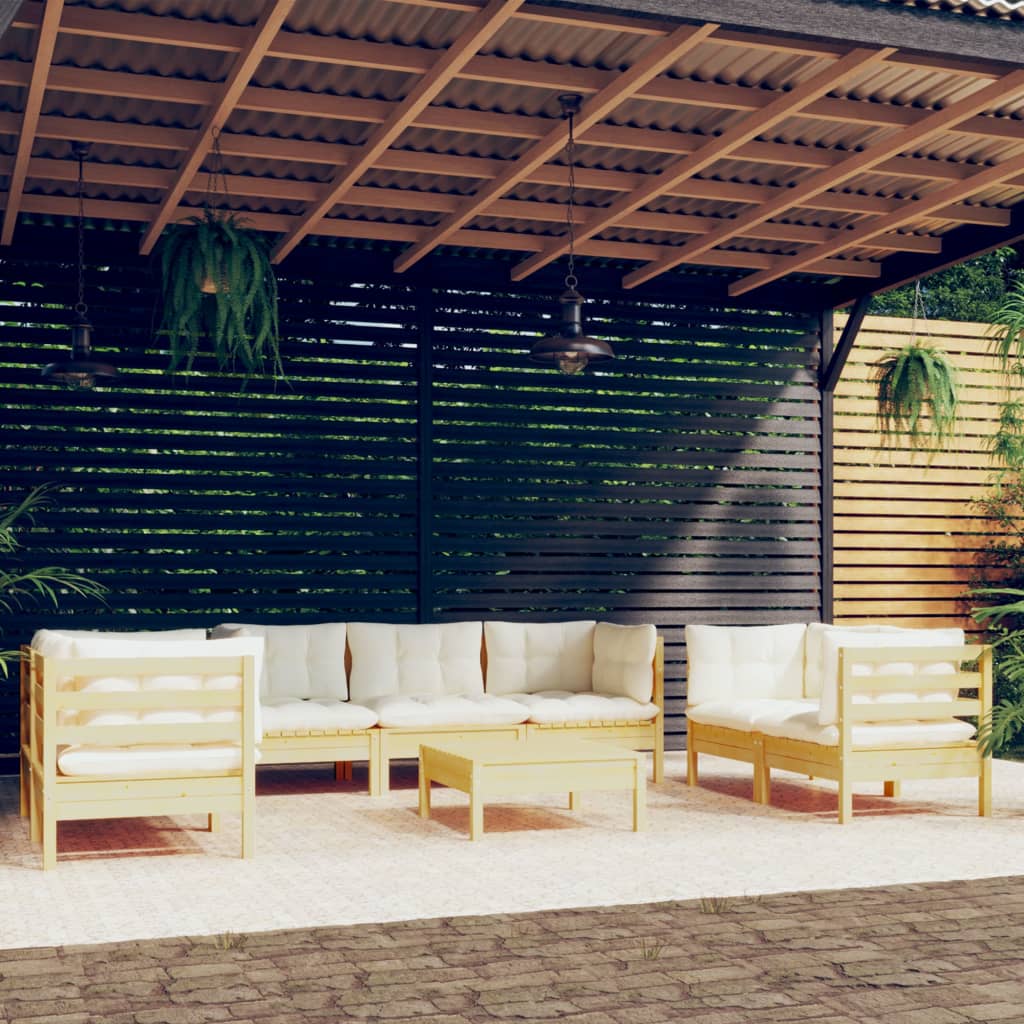 Vidaxl 8-Cz. Garden Lounge Set, Cream Cushions, Pine