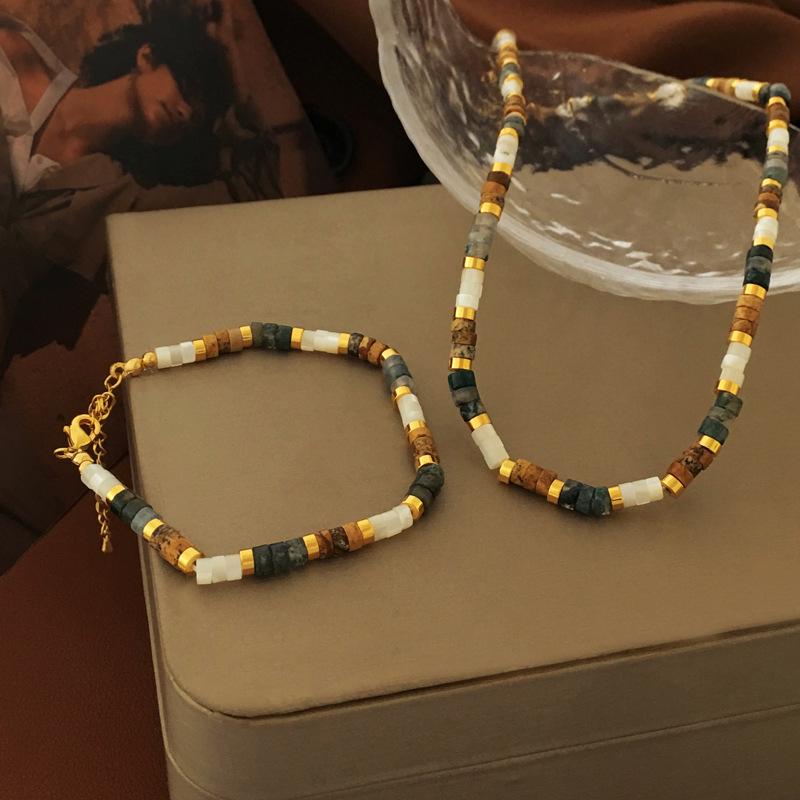 Chinese Retro Natural Stone Beaded Necklace & Light Luxury Bracelet Jewelry Set