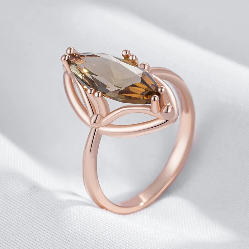 Wbmqda Geometric Brown Stone Ring For Women 585 Rose Gold Color 2025 Trendy Zircon Jewelry Accessories