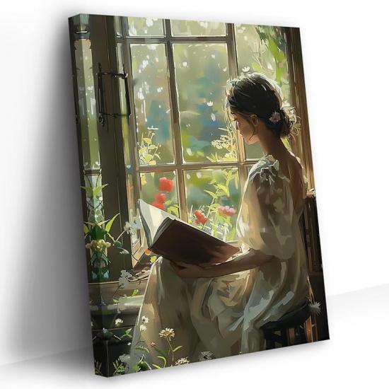 PBXBJY Vintage Female Canvas Wall Art Girl Reading Book Pictures Retro Women Painting Print Classroom Bedroom Gallery Girls Room Decor Frame (24L X