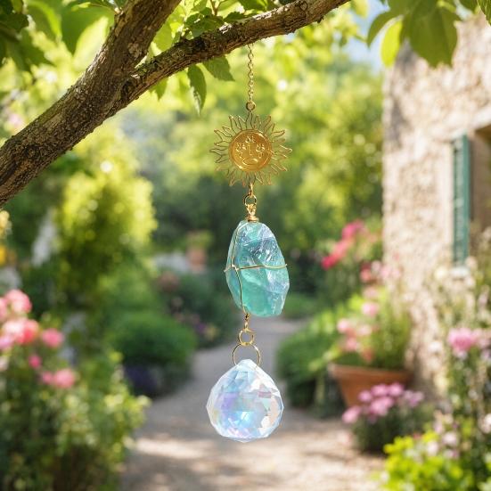 Crystal Sun Catchers for Windows, Colorful Healing Light Crystal Suncatcher, Prism Crystal Hanging Pendant with Chains, Gold-Plated Wind Chimes,