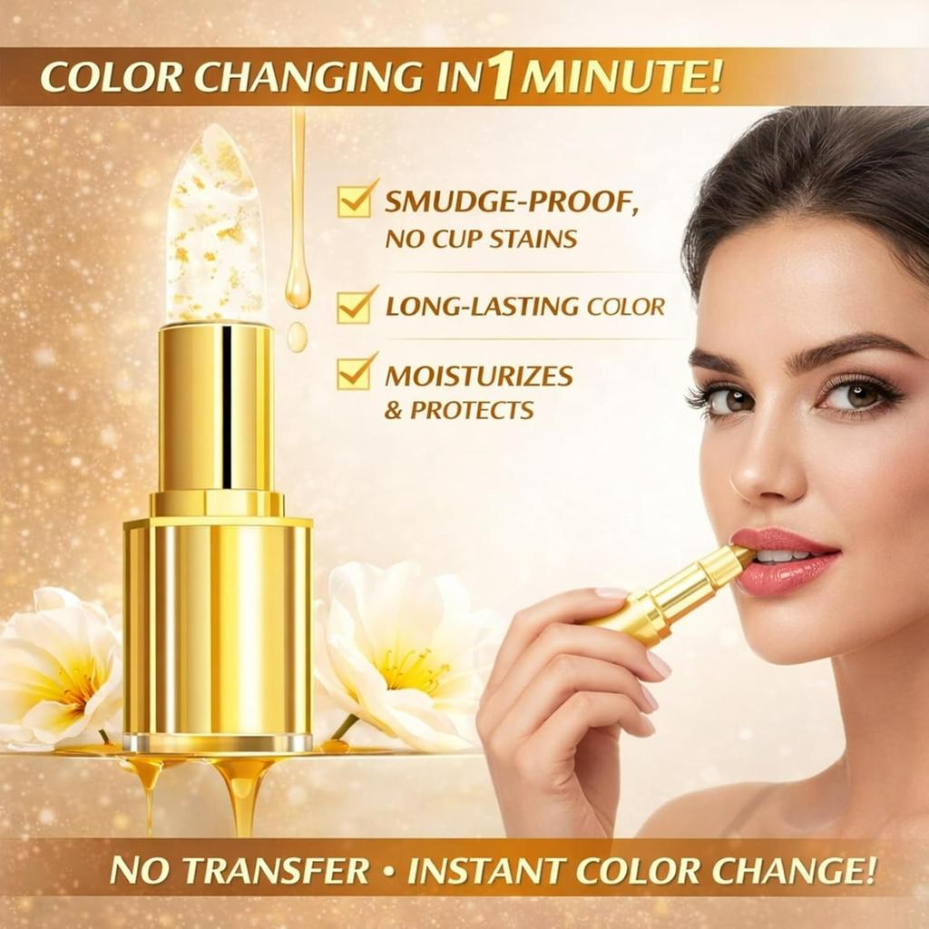 Color Changing Lipstick, Gold Crystal pH Color-Changing Lipstick 24HR Transferproof Lip Gloss,Moisturizing Tinted Lip Balm