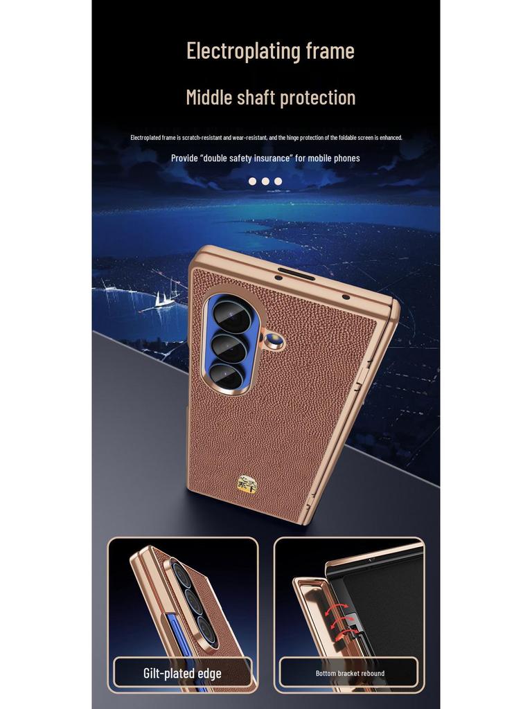 Genuine Leather Magnetic Phone Case for Samsung Z Fold7/6 - Electroplated Lychee Pattern Protective Shell with Integrated Film.