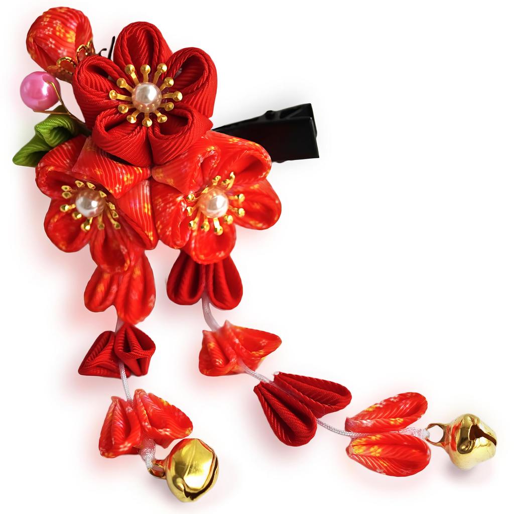 Sweet Kiss Japanese Hair Hair Clip with Hanging Perfect for Years First Doll Summer Fireworks Tsumami Zaiku Ornament, 3-Flower Design, Shichi-Go-San,