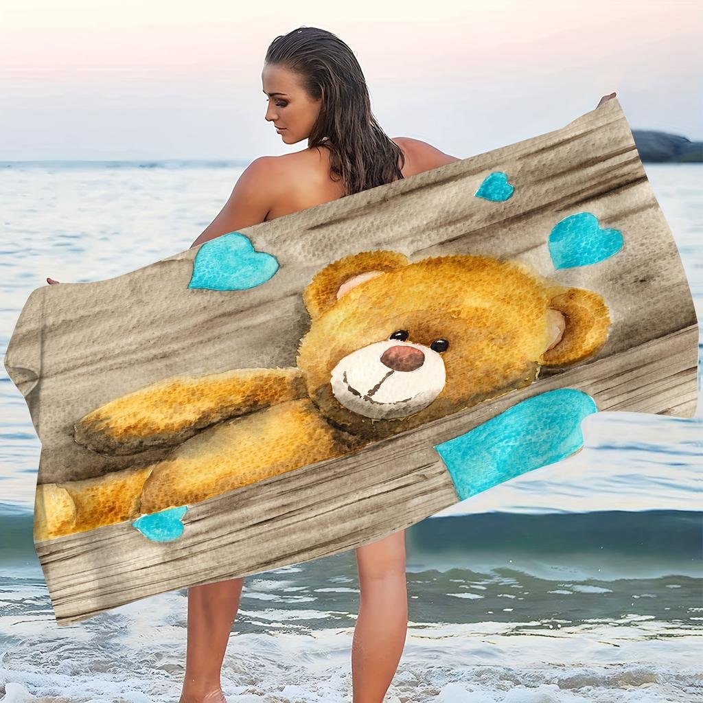 1pz Telo Mare con Fantasia Orsetti e Cuori, Moderno Telo da Bagno Grande in Microfibra, Morbido Asciugatura Rapida Assorbente per Vacanze Estive al Mare