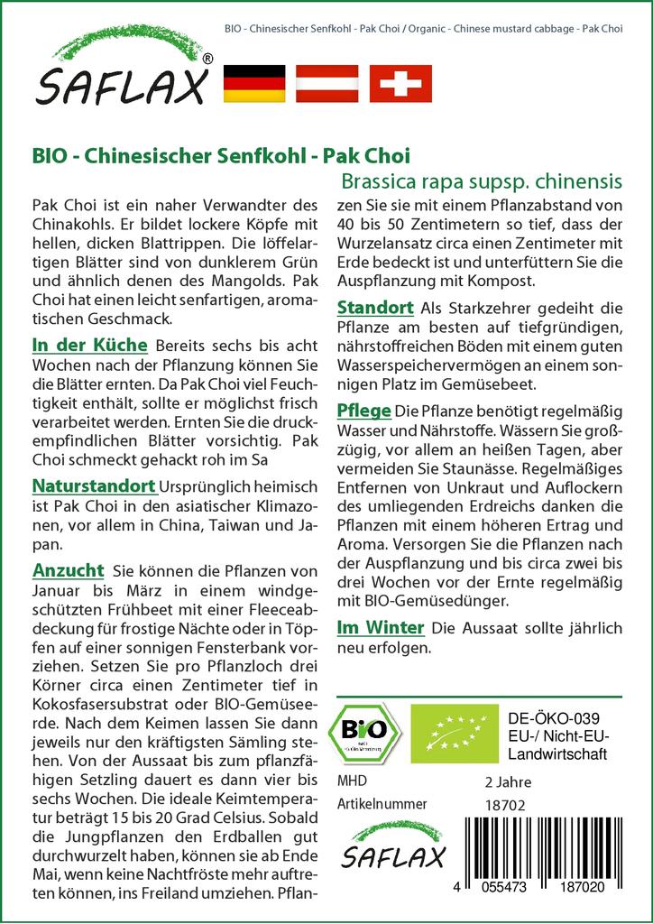 SAFLAX Garden In the Bag - Organic - Chinese Mustard Cabbage - Pak Choi - 300 Seeds - With Substrate In a Fitting Stand Up Bag - Brassica Rapa