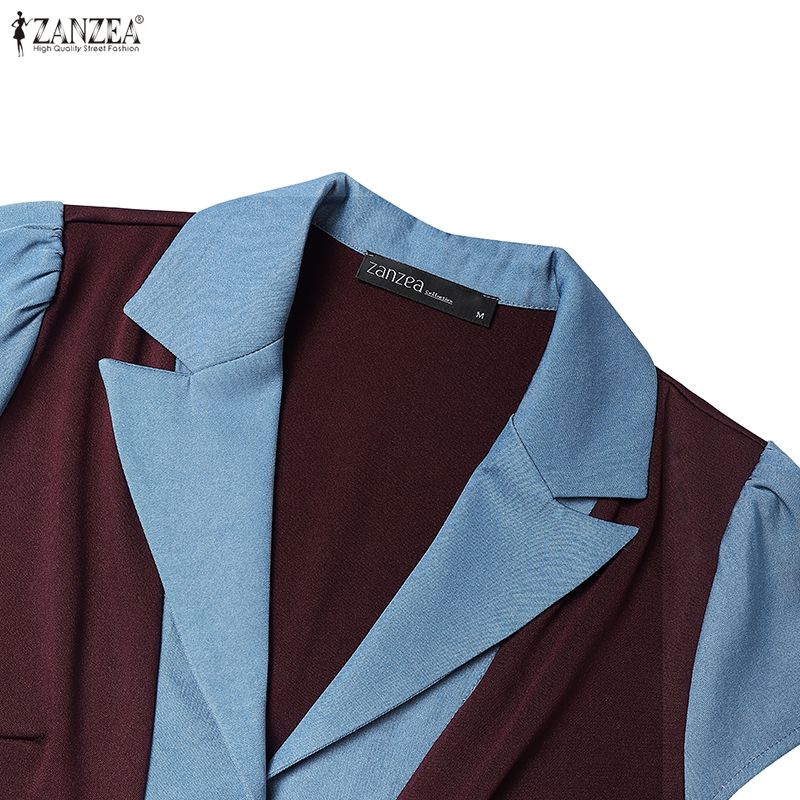 ZANZEA Damen Casual Umlegekragen Kurzarm Sommer Langes Kleid