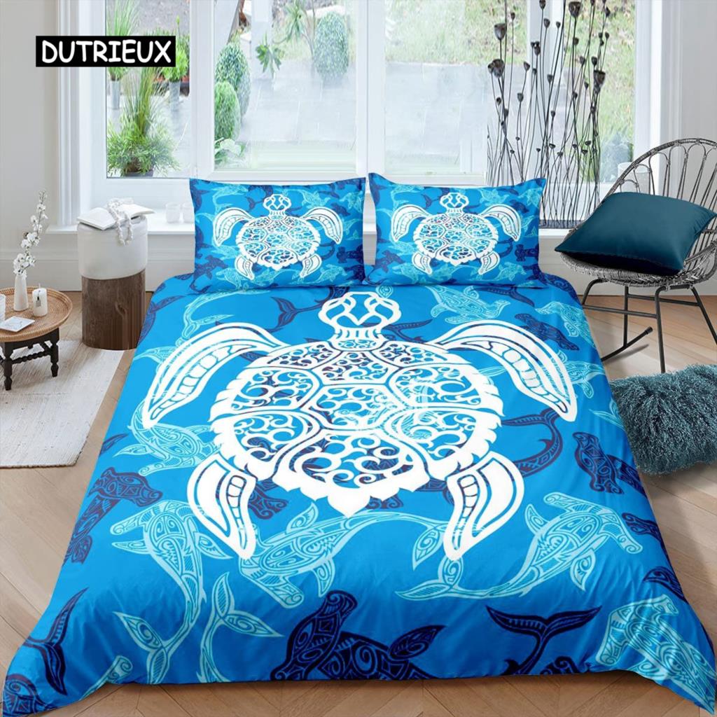 Sea Turtle Duvet Cover Sea Turtle Jellyfish Coral Reef Bedding Set Microfiber Blue Ocean Underwater World Queen King Quilt Cover