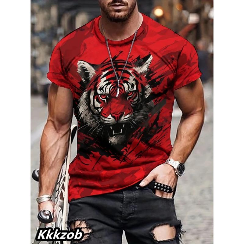 Mens Lion Print Short Sleeve O-Neck T-Shirt Soft Breathable Casual Wear Outdoor Activities Sports Loose Oversized Tops