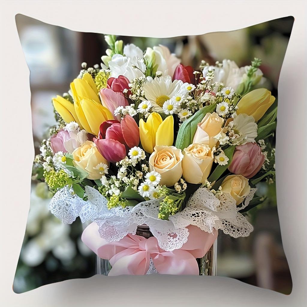 Colorful Flower Bouquet Patterned Cushion for Home Polyester pillowcase, sofa decorative cushion cov Headboard Pillow