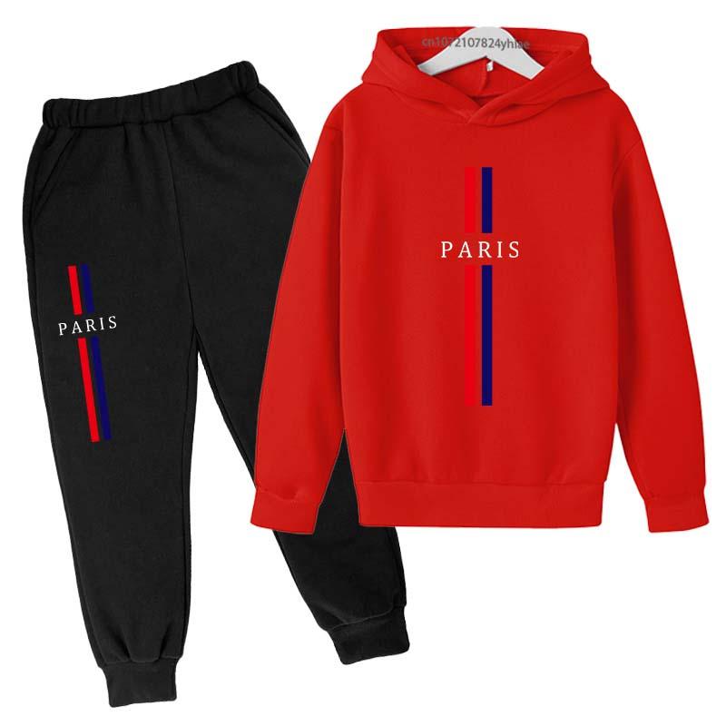 Jungen und Mädchen Herbst Freizeit Buchstabe Paris Aufdruck Hoodie+Hosen Anzug Mode Einfach Sport 2-teiliges Set Sport Trainingsanzug